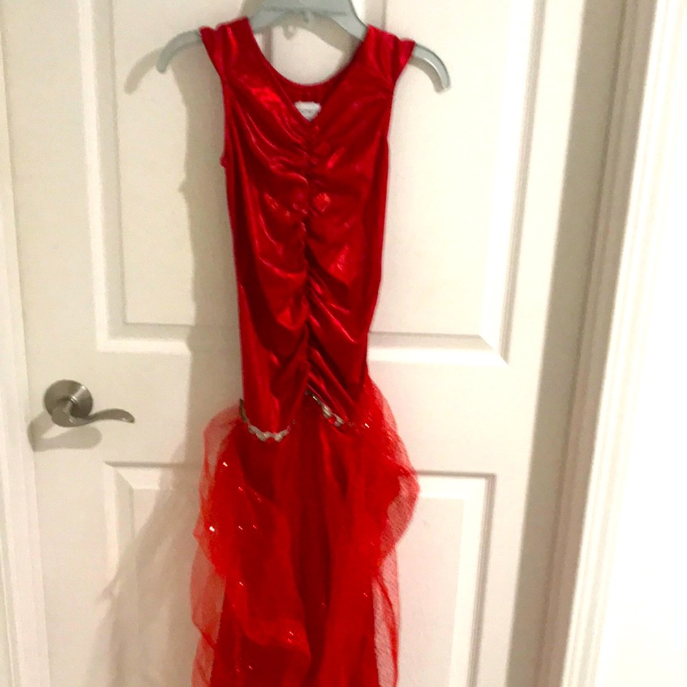 Red gown embellished with waistline ruby stones and sparkling mesh